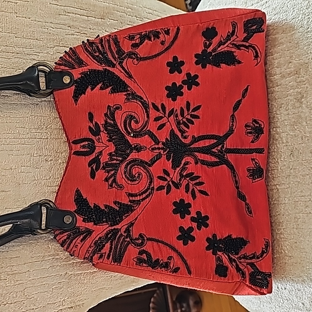 Christiana Red and Black Beaded Bag Leather Handles